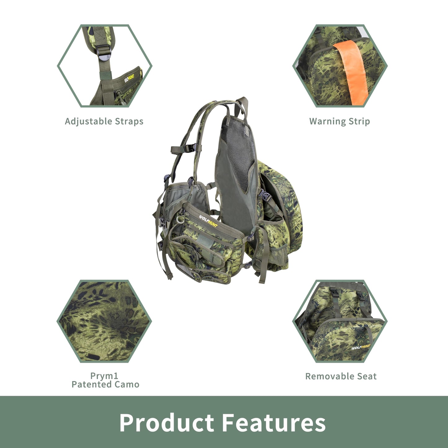 WOLFHUNT Turkey Vest with Seat Magnetic, Hunting Vest for Turkey with Large Game Bag, Extensive Adjustability & Multi-Function Pocket, Woodlands