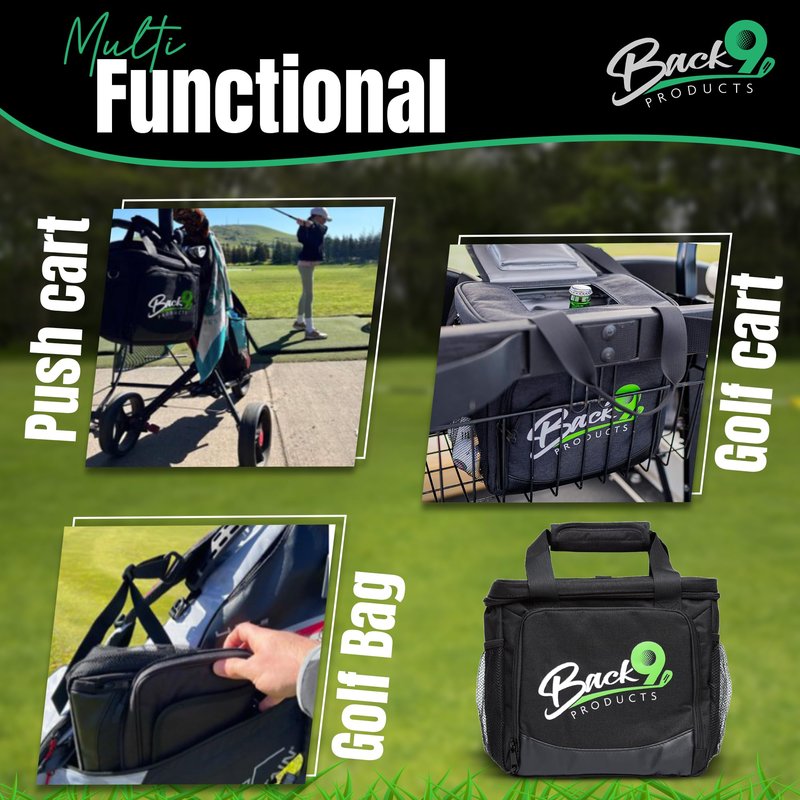 Back9Products Golf Cart Cooler Bag with Magnetic Lid - 12 Can Soft Sided Insulated Cooler, Leakproof & Waterproof - Portable Cooler - Push Carts, Work, Camping, Travel, Men & Womens Gifts (Black)