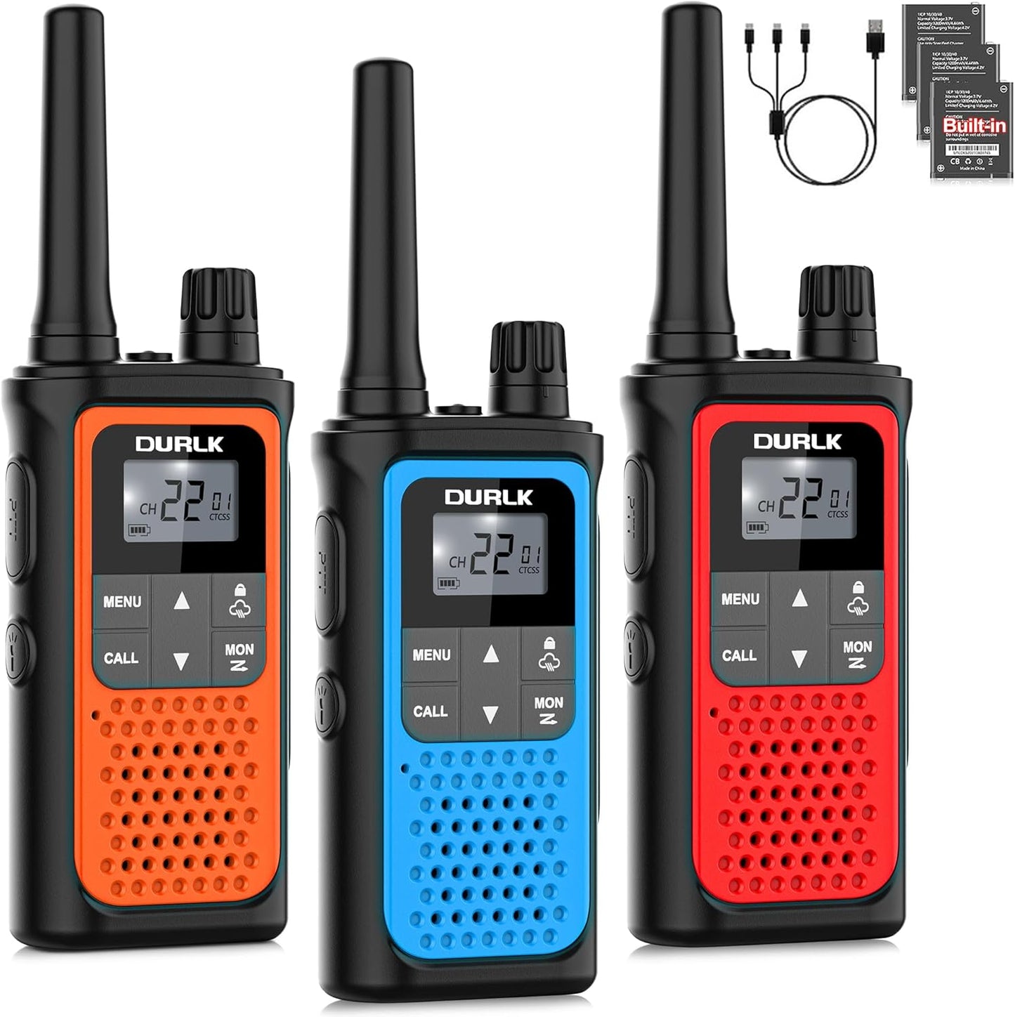 Rechargeable Walkie Talkies - Long Range 3 Pack for Adults | NOAA Weather Alert, 22 FRS Channels, 1800mAh Battery, USB-C Charger