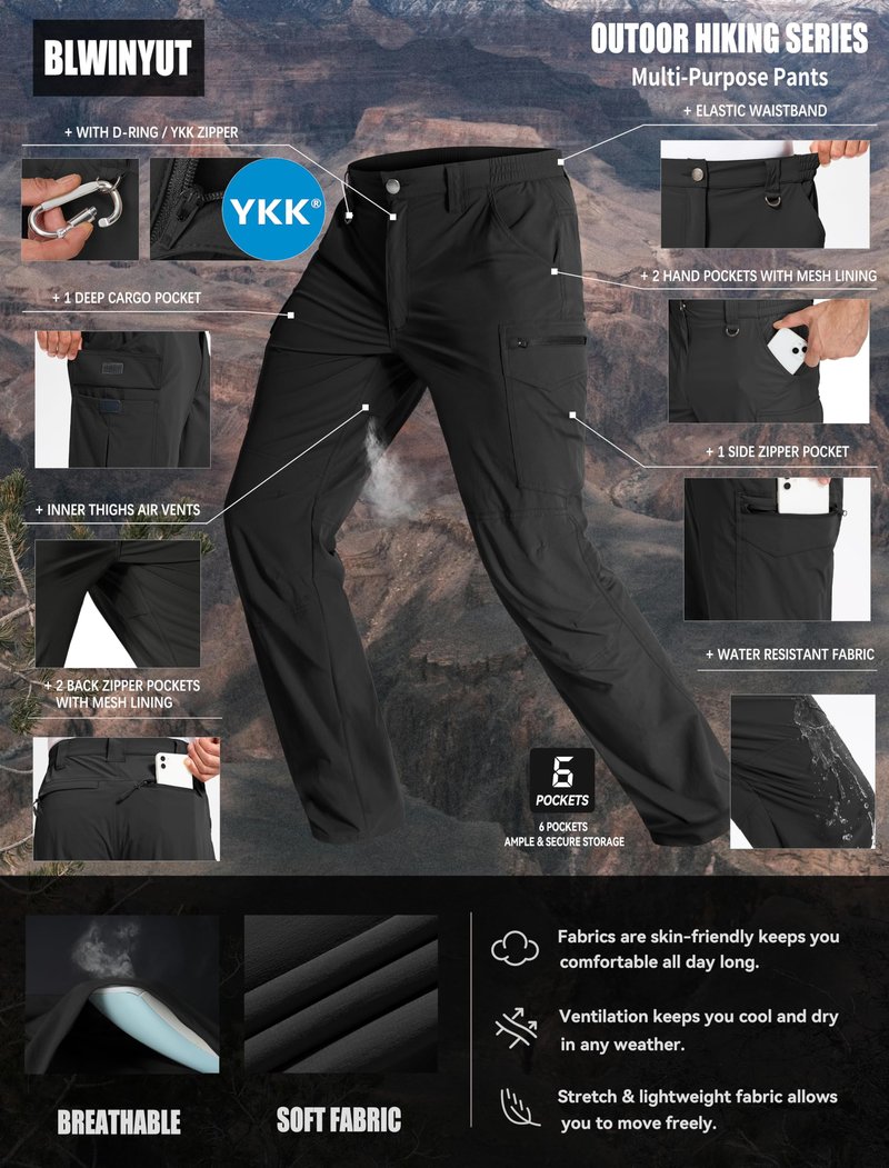 Men's Lightweight Hiking Pants Water Resistant Quick Dry Breathable Stretch Outdoor Travel Camping Fishing Cargo Work Pants with 6 Pockets Black 32Wx30L