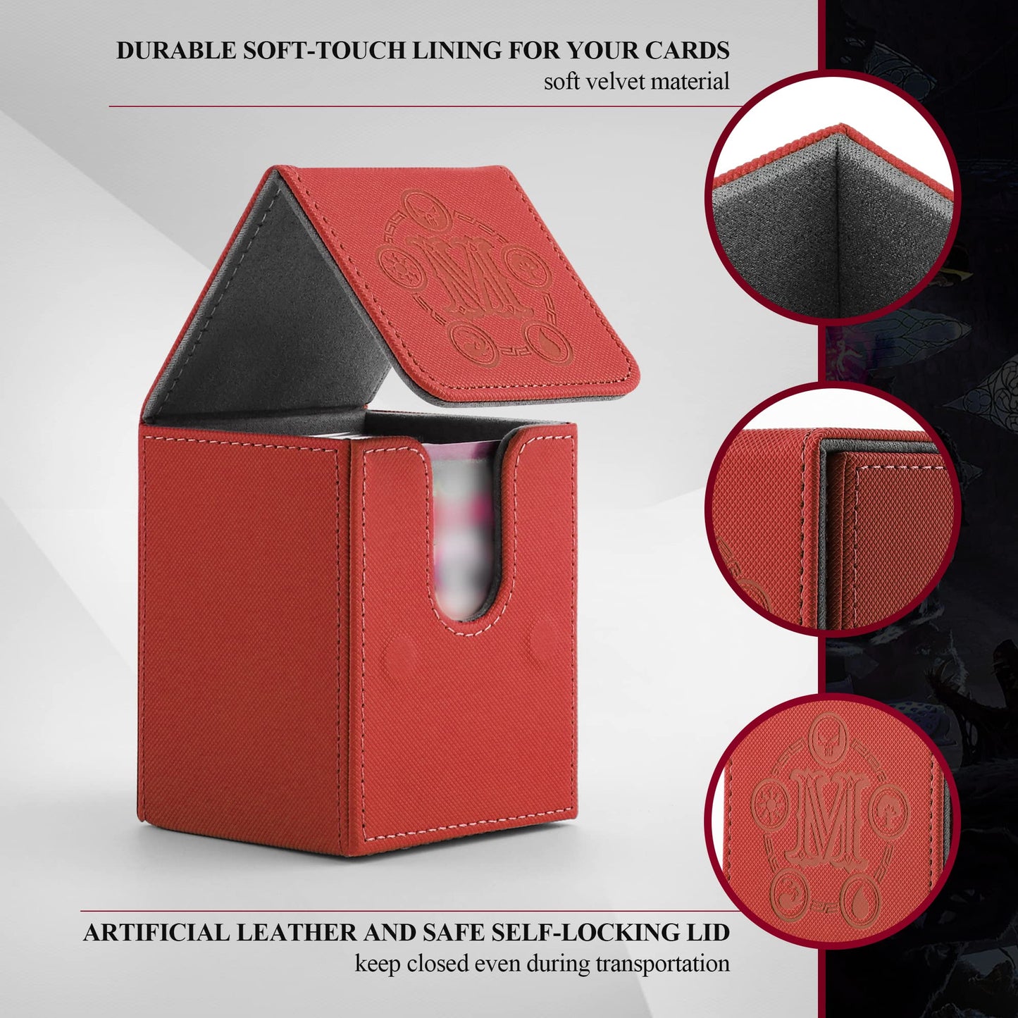 TCGUARD Card Deck Box for MTG Card Storage Box Holds 100 Plus Single Sleeved Cards, Microfiber Lining and Leather Card Box Compatible with Trading Card Games TCG, Yugioh Cards, etc. (Red)