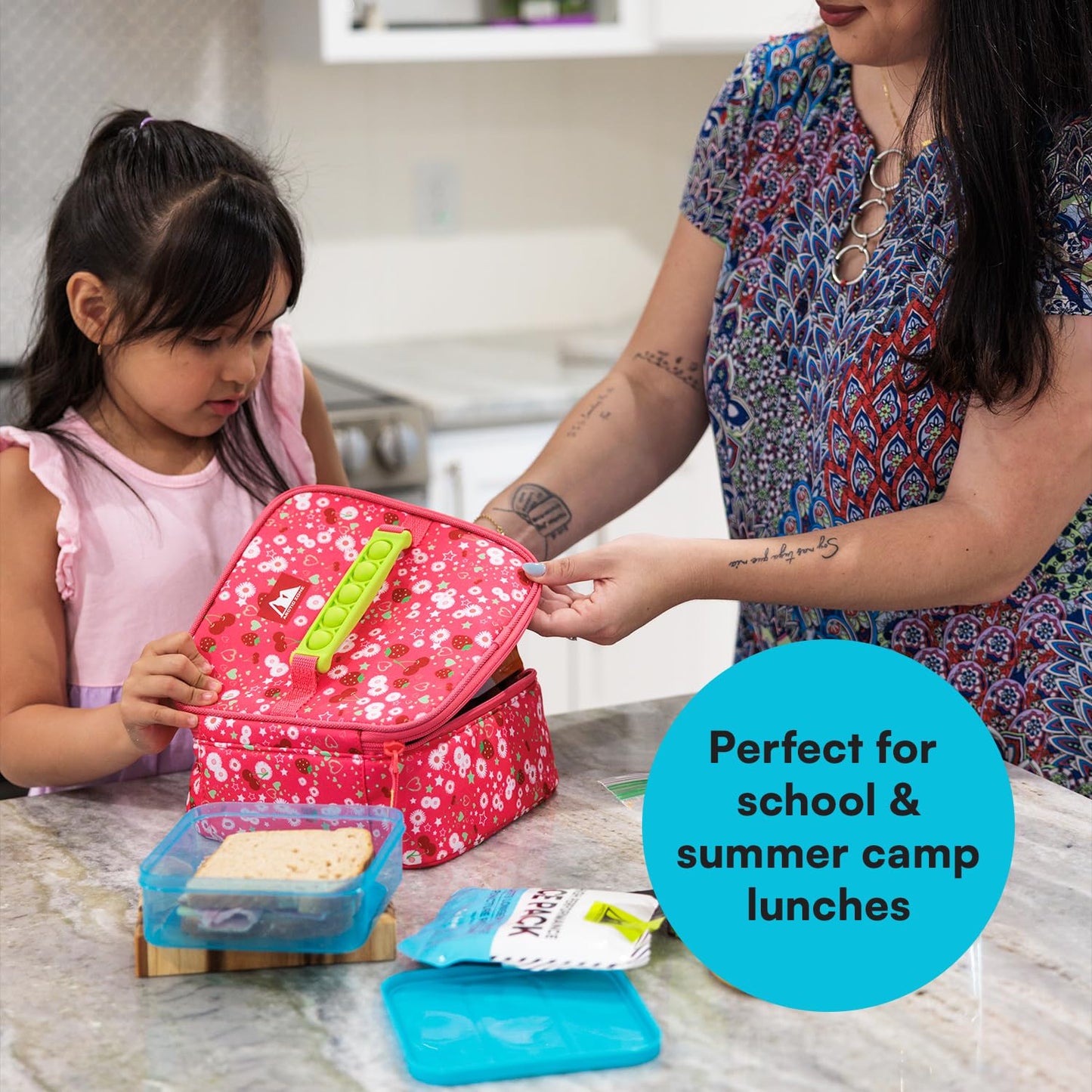 Arctic Zone Kids Lunch Box Combo with Gel Ice Pack and Sandwich Container, Insulated Bag for Travel Lunch, Sensory Fidget Handle, Very Berry Cherry