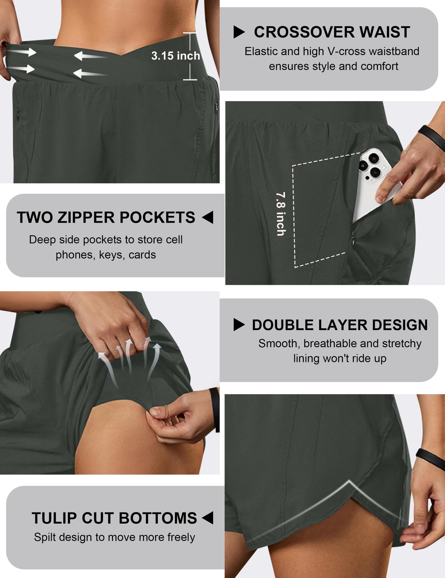 Blooming Jelly Women's Workout Shorts Athletic Running Elastic High Waisted Black Gym Yoga Shorts with Zipper Pockets (Dark Green,Medium)