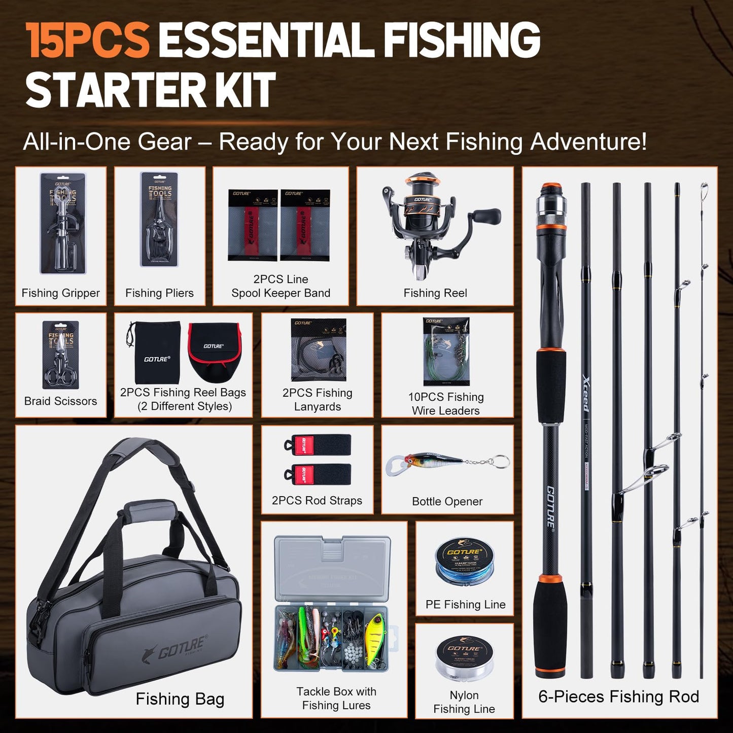 Goture Fishing Pole and Reel Combo, Portable Fishing Rod and Reel,Compact Fishing Gear for Travel, Lure Fishing Rod Combo Carbon Fiber 6-Piece Rod with Reel Lines Lures Tools and Storage Bag