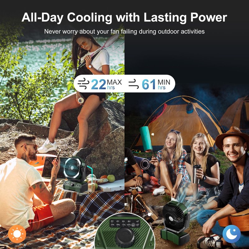 Odoland 40000mAh Camping Fan with LED Light, Battery Operated Oscillating Desk Fan with Remote & Hook, Rechargeable Outdoor Tent Fan with Timer for Hurricane Power Outage Travel Jobsite RV, Green