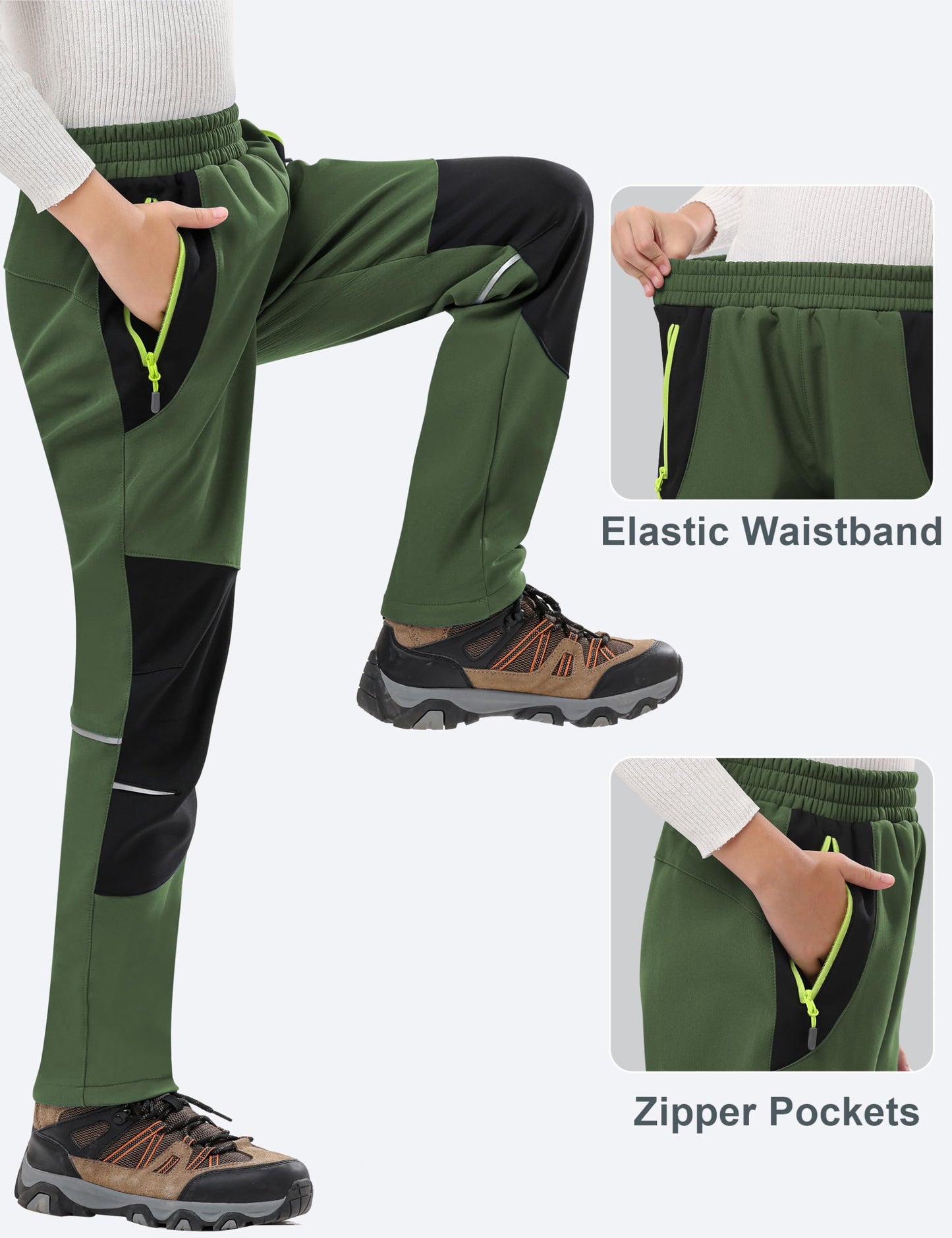 Buyboxs Kids Snow Pants Boys Waterproof Insulated Hiking Pants Youth Winter Warm Fleece Lined Ski Snowpants, Green/Black XL