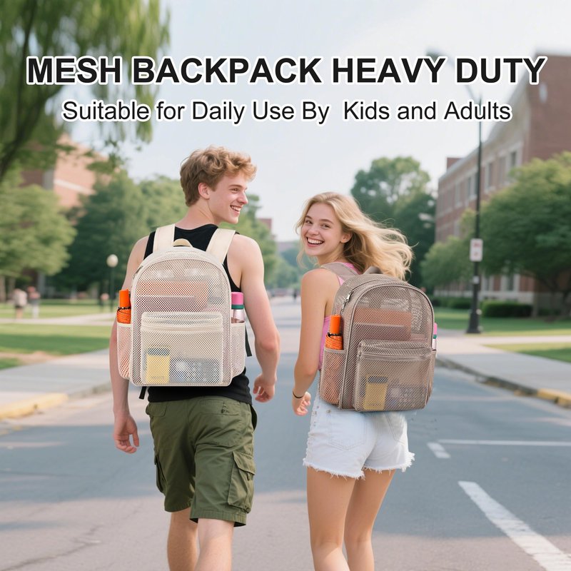 Oraben Heavy Duty Mesh Pack With Rain Cover See Through Backpack Mesh Backpack Bookbag Ideal for Class, Work, Travel, Beach Outings (Khaki)