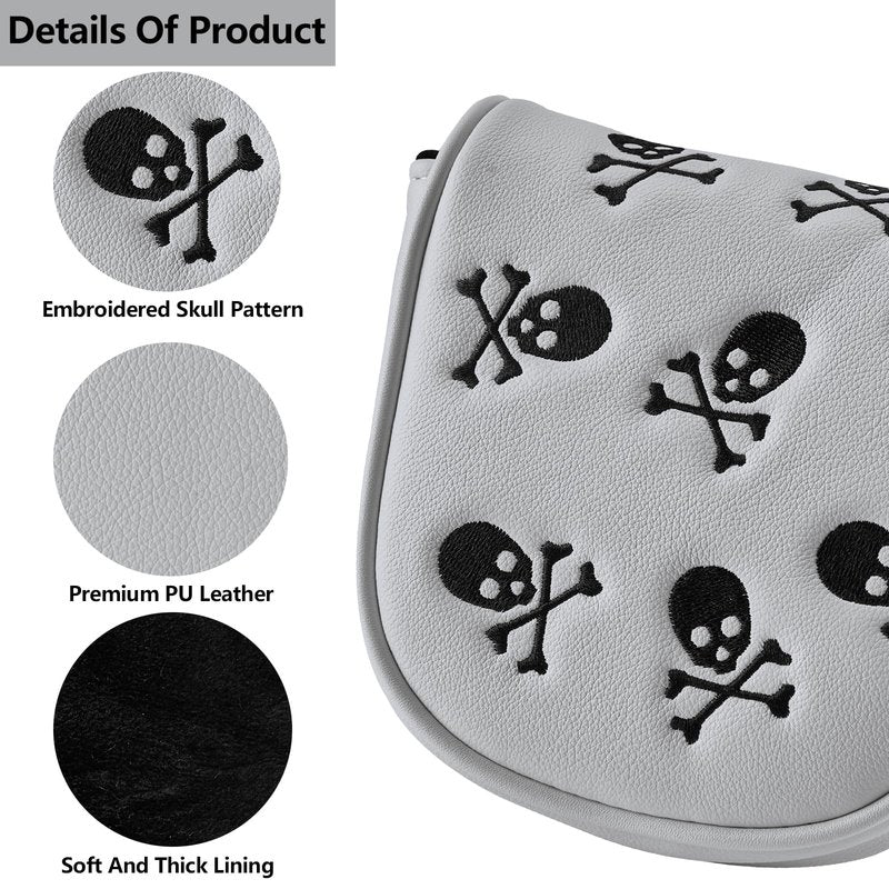 Gbourly Embroidery Skeleton Skull Golf Club Mallet Putter Head Cover Fits for DF3 Club Magnetic Closure Center Shafted PU Leather Headcover (White)
