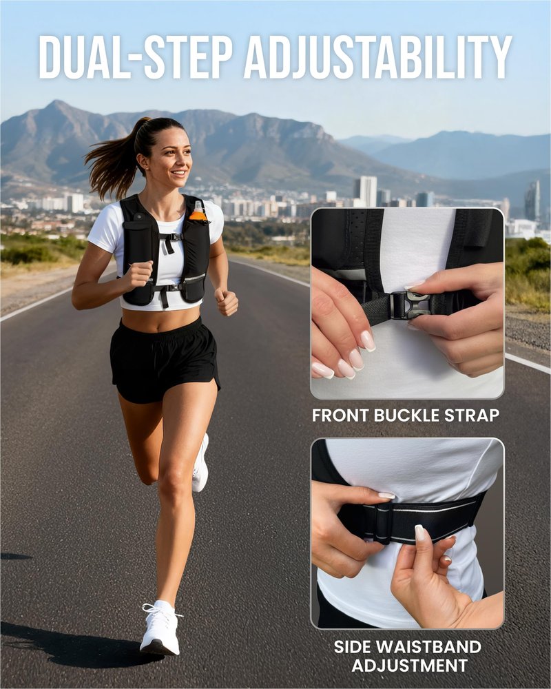 RUNLIX Running Vest for Women Men-Reflective Running Hydration Vest with 500ml Soft Water Bottle, Phone Holder, 2 LED Lights USB Rechargeable-7 Pockets Runners Backpack Marathon (Black, Medium-Large)