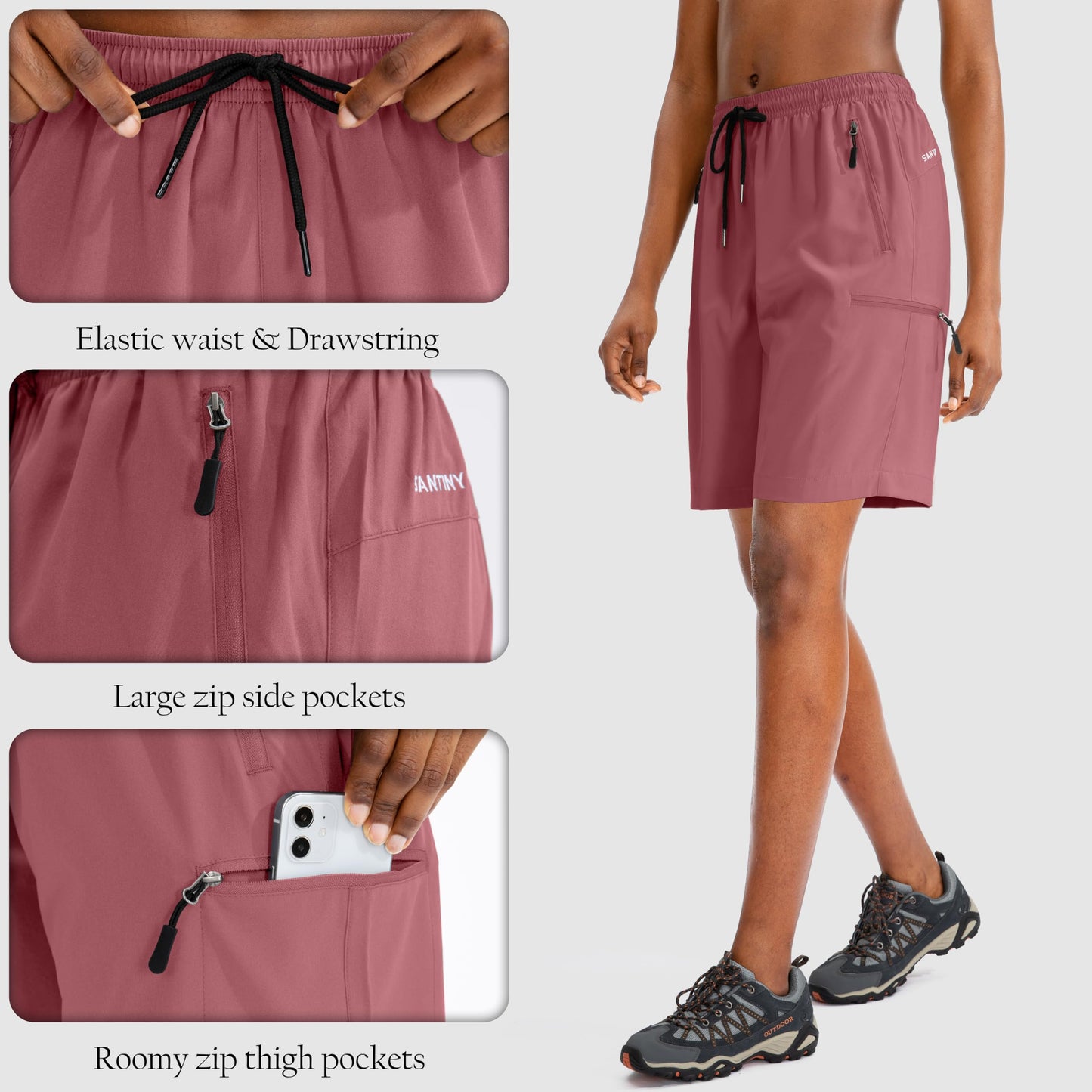 SANTINY Women's 5''/ 7''/9'' Hiking Cargo Shorts(Dusty Pink_XXL)