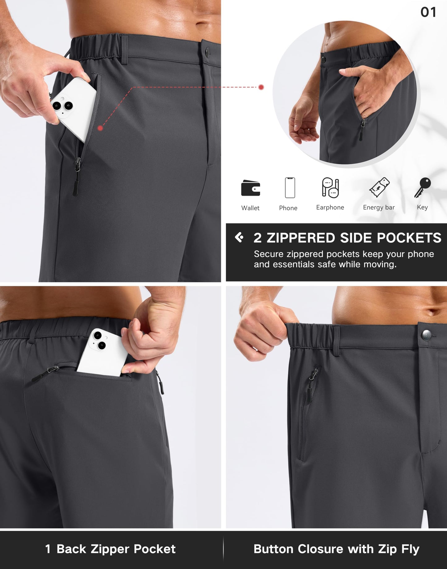 Pudolla Mens Hiking Shorts 5"/7"/9" Lightweight Quick Dry Casual Golf Shorts for Men Work Fishing with 3 Zipper Pockets(Dark Grey 9 Inseam-S)