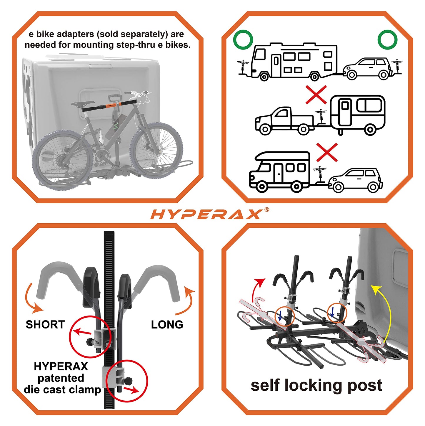 HYPERAX Volt RV 4X - RV Approved Hitch Mounted 4 Bike Rack Carrier for RV, Camper, Trailer,Motorhome, Toad with 2" Class 3 or Higher Hitch Fits Up to 2x75lb E Bike +2X50lb Bikes with Up to 5" Fat Tire