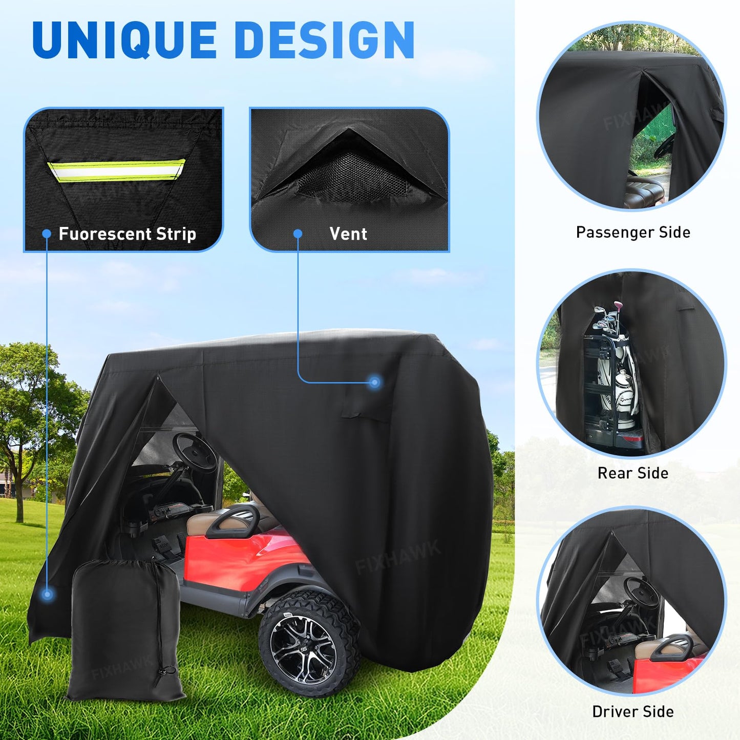 FIXHAWK 2/4 Passenger Golf Cart Cover for Club Car, EZGO,Yamaha Model, 420D PU Oxford Fabrics Waterproof Golf Cart Covers All-Weather Protection Full Cover 3-Zipper (Black)