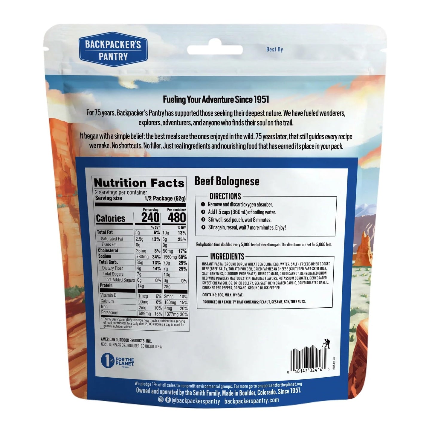 Backpacker's Pantry Beef Bolognese | Freeze Dried Backpacking & Camping Food - Emergency Food - 28g Protein - 1 Count