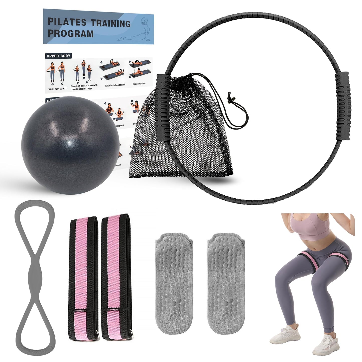 Wavar Pilates Essentials Kit for Women Pilates Equipment with 13.5" Magic Circle Mini Ball Resistance Band Premium Accessories Pilates Ring Set for Starter Workout at Home with Exercise Guide