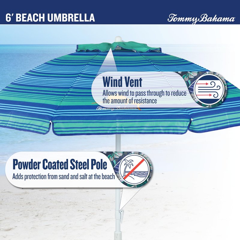 Tommy Bahama 6' UPF 50+ Tilt Beach Umbrella with Integrated Sand Anchor, Wind Vent, and Carry Bag, Multi Stripe