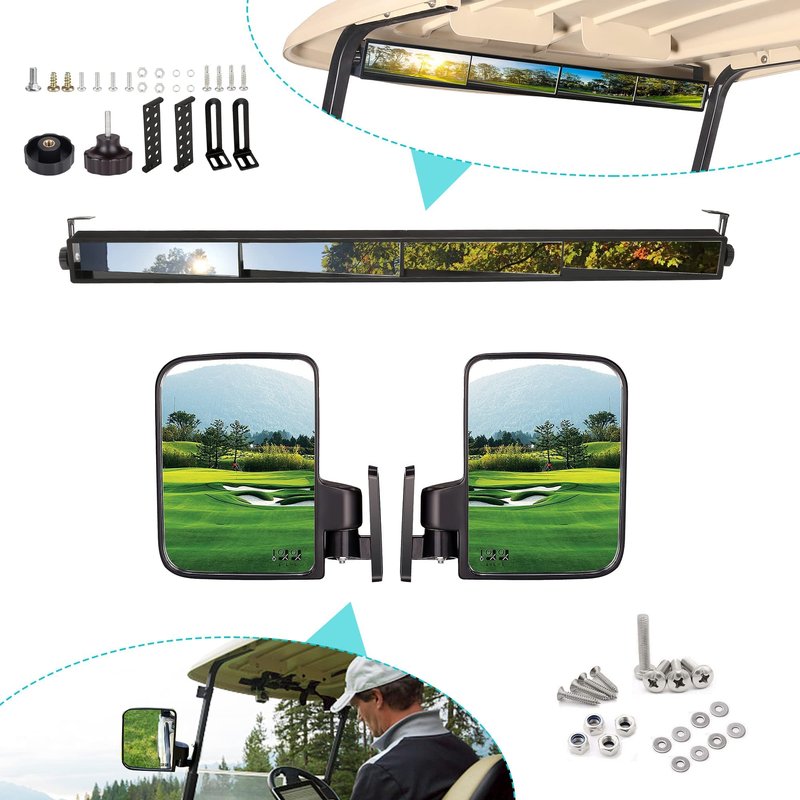 10L0L Golf Cart Folding Side Mirror and 4 Panel Rear View Mirror, Universal fit EZGO Club Car Yamaha, Adjustable Wide Panoramic Golf Cart Mirrors Combo