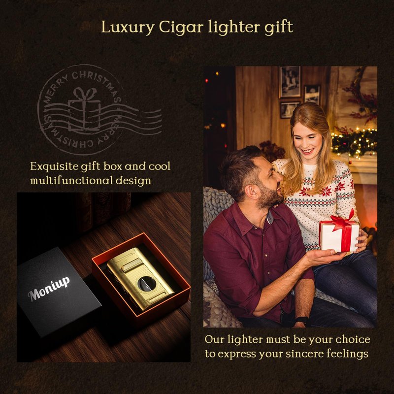 6-in-1 Cigar Torch Lighter, with Straight&V Cigar Cutter, 2 Cigar Punches, Cigar Draw Enhancer, Cigar Holder, Quad Flame Windproof Butane Lighter, Multifunctional Cigar Accessories, Gifts for Men