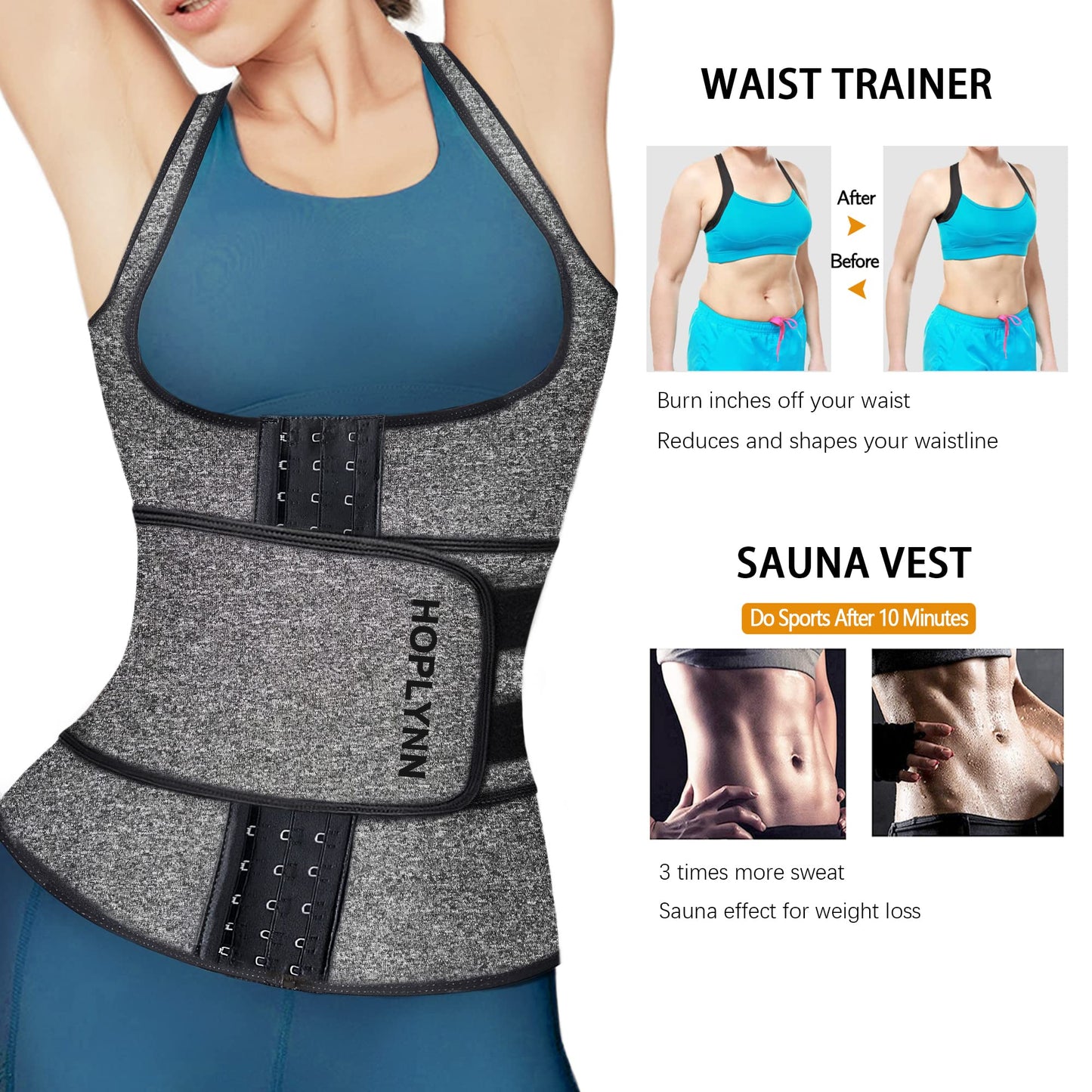 HOPLYNN Neoprene Sauna Sweat Waist Trainer Corset Trimmer Vest for Women Tummy Control, Waist Cincher Body Shaper Gray Small/02