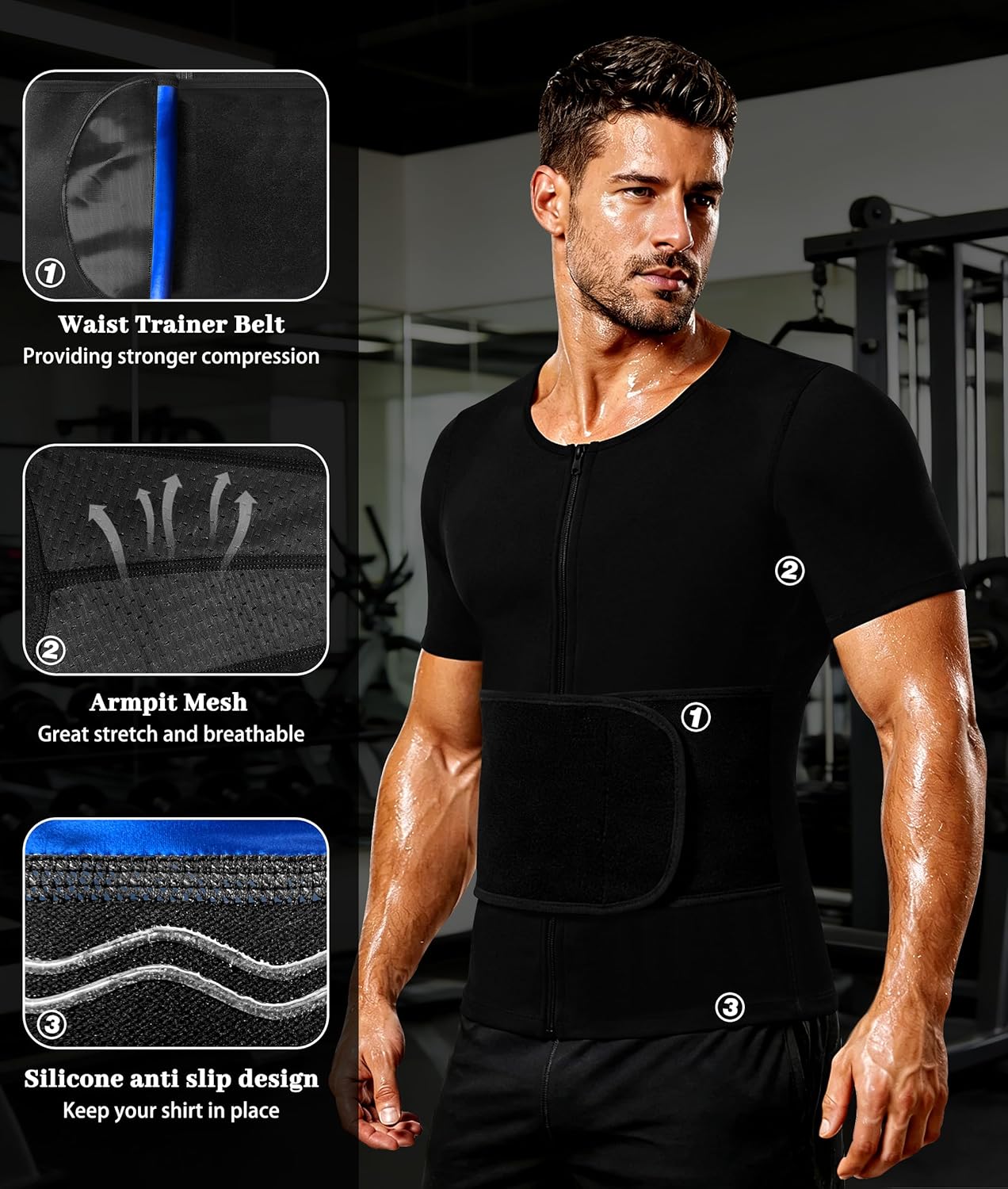 Men's Sauna Shirt - Short Sleeve Sweat Suit for Heat Trapping | Adjustable Waist Belt, Breathable Design