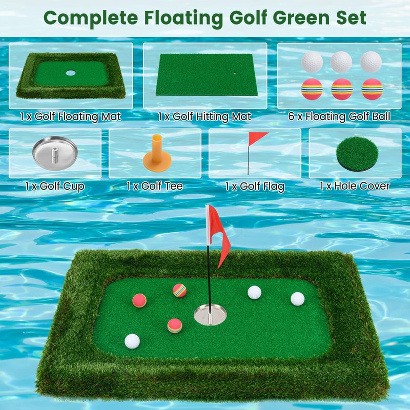 Tangkula Floating Golf Green for Pool, Rectangular Floating Chipping Green Includes Hitting Mat, 6 Balls, Flag, Cup & Tee, Training Mat, Outdoor Pool Golf Game