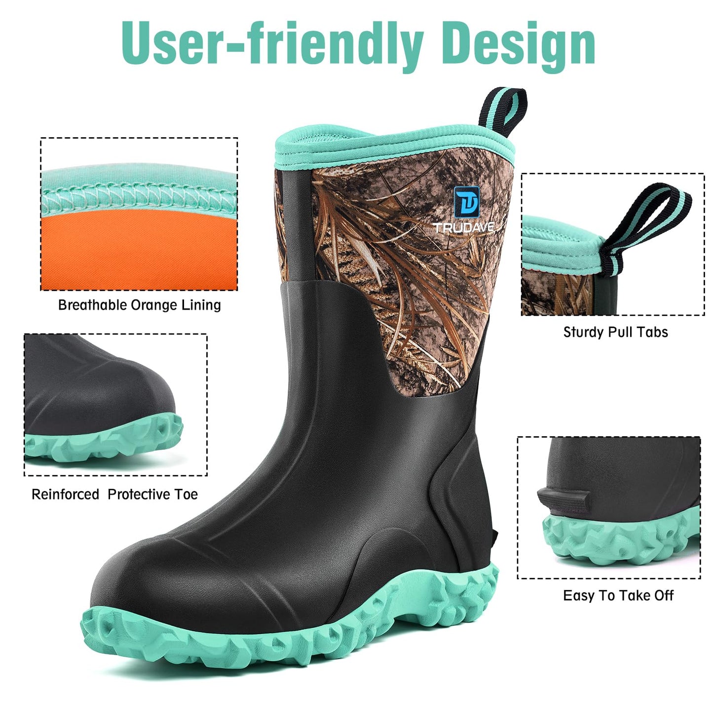 Trudave Rubber Boots for Women with Steel Shank, 6mm Neoprene Mid Calf Rain Boots, Waterproof Insulated Mud Work Boots All Season, Green, Size 6