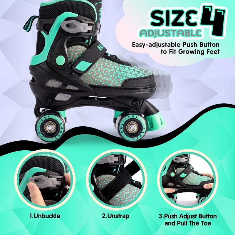 SULIFEEL 4 Sizes Adjustable Roller Skates for Kids, Quad Skates with Light up Wheels, Safe Fun Children Big Kids Skates for Ages 5-8, Best Gift for Beginners Outdoor Skates Sports (Mint Green, Medium)