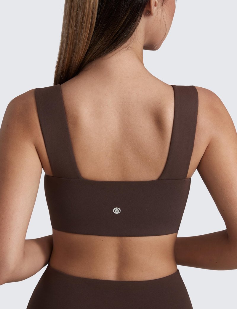 CRZ YOGA Butterluxe Wide Straps Sports Bras for Women - Square Neck Padded Open Back Camisole Yoga Crop Top Hot Fudge Brown Small