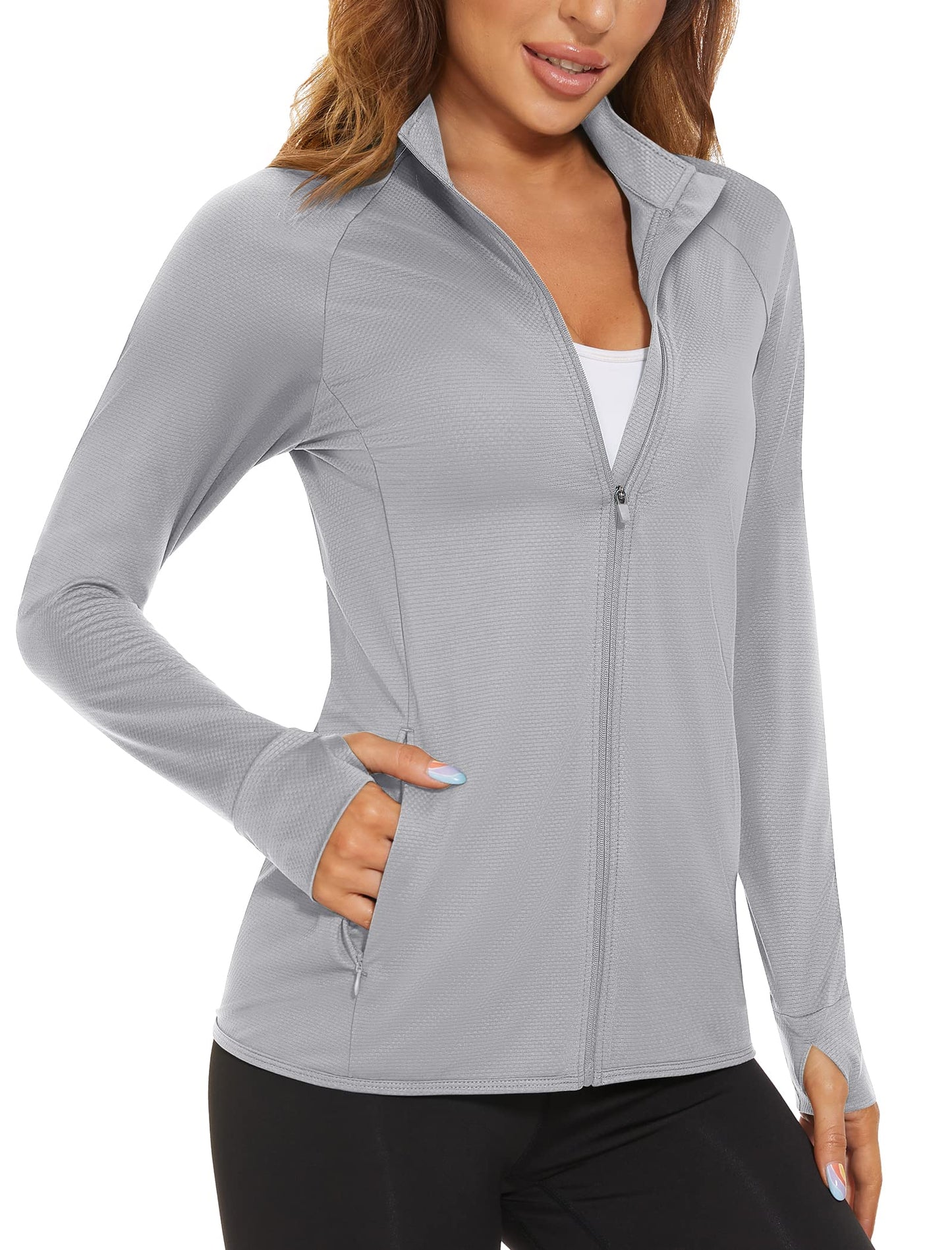 MAGCOMSEN Lightweight Jacket for Women UV Protection Long Sleeve Shirts Quick Dry Running Hiking Shirts Light Grey L