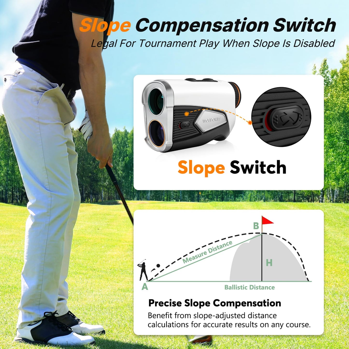 WOSPORTS Golf Rangefinder with Slope, 1500 Yards Laser Range Finder for Golfing/Hunting, 7X Magnification with Flag Pole Locking Vibration, Magnetic, Rechargeable, Feet/Meters/Yards Support