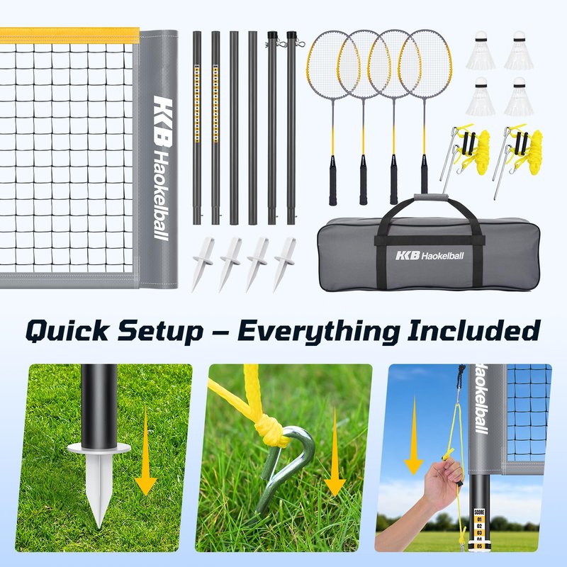 Haokelball Outdoor Badminton Net Set with Anti-Sag Winch System - 20ft Badminton Net, 4 Rackets, 3 Shuttlecocks & Carry Bag, Badminton Set for Backyard, Grass, Beach, Holiday Games