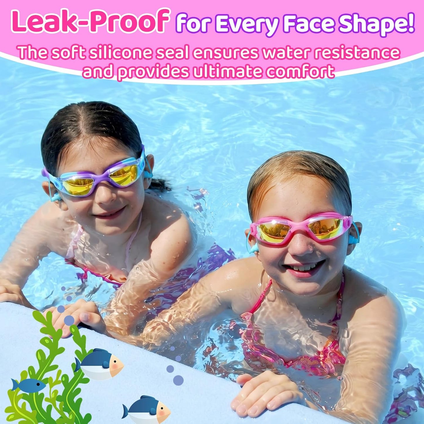 Vvinca Kids Swimming Goggles - Anti-Fog UV Protection | Leak-Proof Design, 2-Pack for Ages 3-15