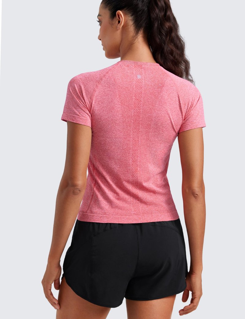 CRZ YOGA Seamless Workout Tops for Women Waist Length - Running Gym Athletic Yoga Short Sleeve Shirts Breathable Crewneck Deep Red Heather Small
