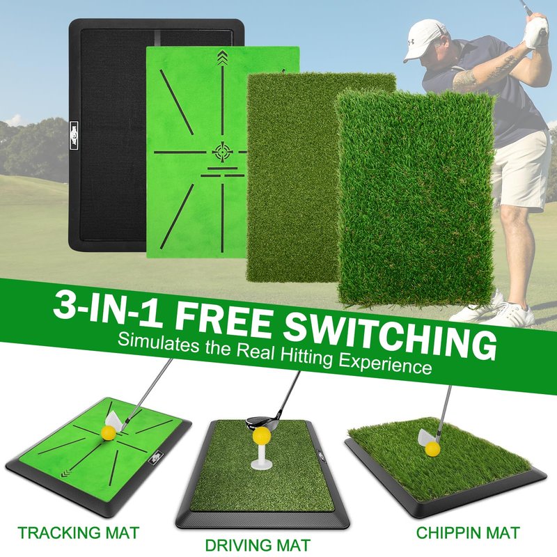 MONOJOY Golf Hitting Mats with Golf Tees Practice Indoor 3 PCS Replaceable Outdoor Golf Putting Chipping Artificial Dual Turf Training Mats Velvet Practice with No-Slip Heavy Duty Rubber Base