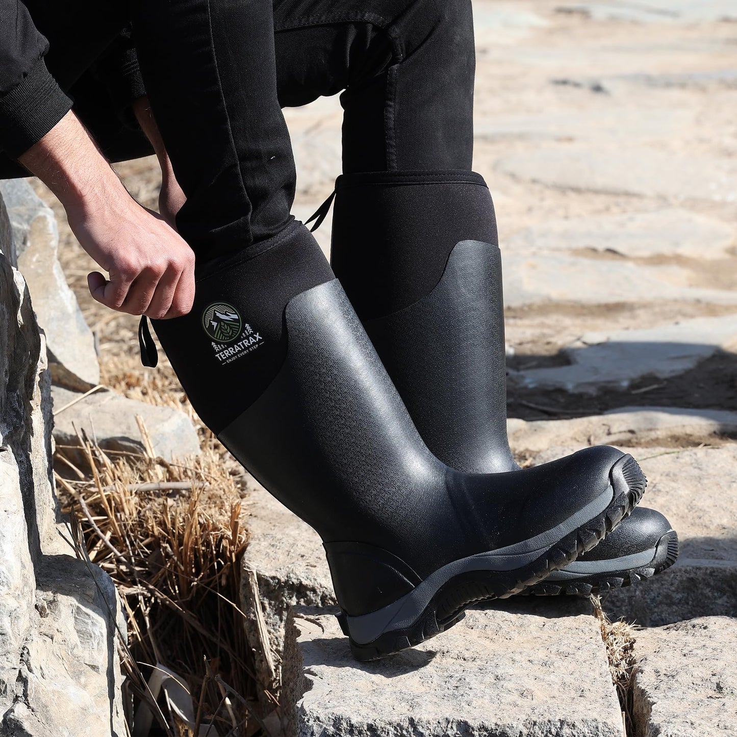 TerraTrax Men's Waterproof Insulated Rubber Hunting Boots – 6mm Neoprene Rain Boots for Outdoor Work, Fishing, Farming & Gardening Black Size 8