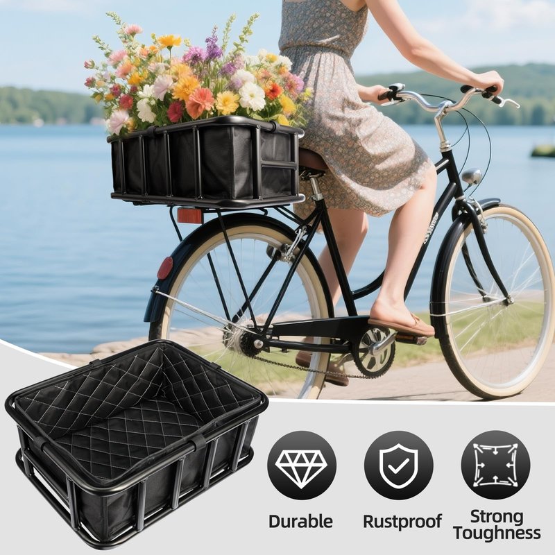 Bike Basket Rear, Bicycle Basket with Liner Bag, Waterproof Cover & Cargo Net, Heavy Duty Large Bike Basket for Most Bikes and E-Bike