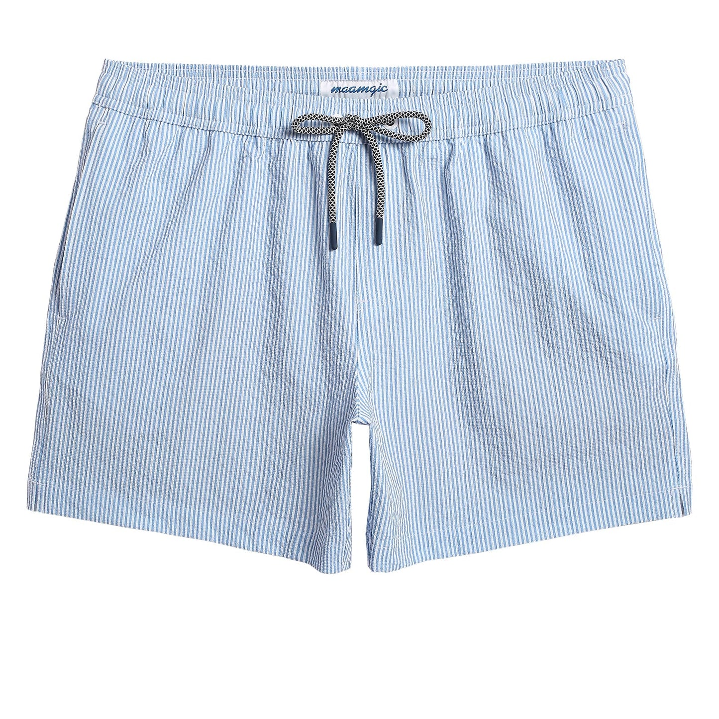maamgic Men's Swim Trunks 5.5 inch Seersucker Beach Shorts Quick Dry Bathing Suits with Mesh Liner Blue Stripe Large