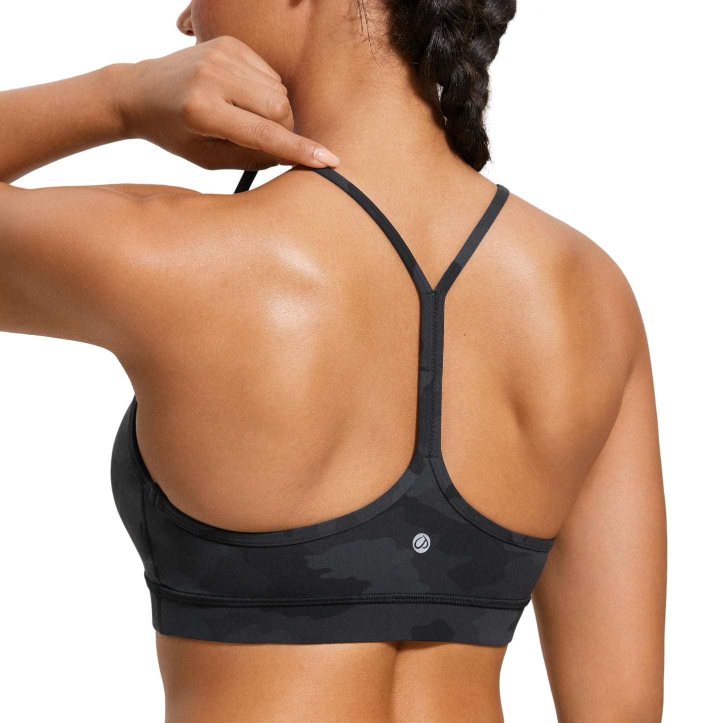CRZ YOGA Butterluxe Y Back Sports Bras for Women - Padded Racerback Low Impact Spaghetti Thin Strap Workout Yoga Top Dark Grey Camouflage 2 X-Large