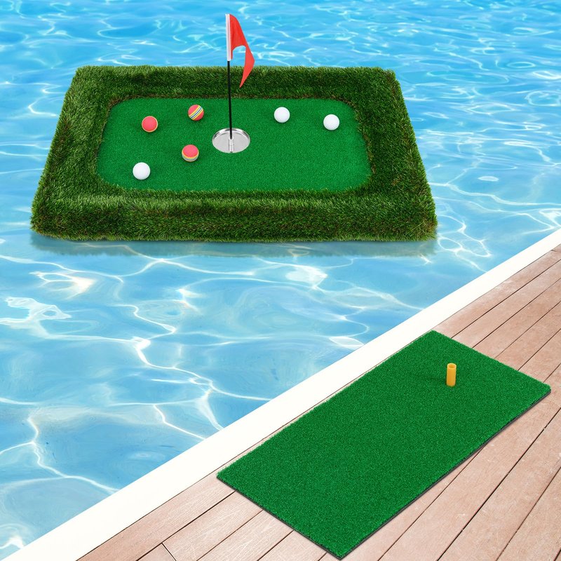 Tangkula Floating Golf Green for Pool, Rectangular Floating Chipping Green Includes Hitting Mat, 6 Balls, Flag, Cup & Tee, Training Mat, Outdoor Pool Golf Game