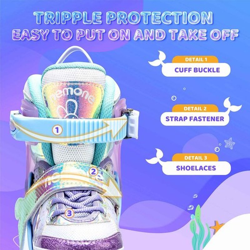 NEMONE Mermaid Inline Skates (Purple M) with Protective Gear Set Knee Elbow Wrist Guards Pads for Kids Girls (Size M)