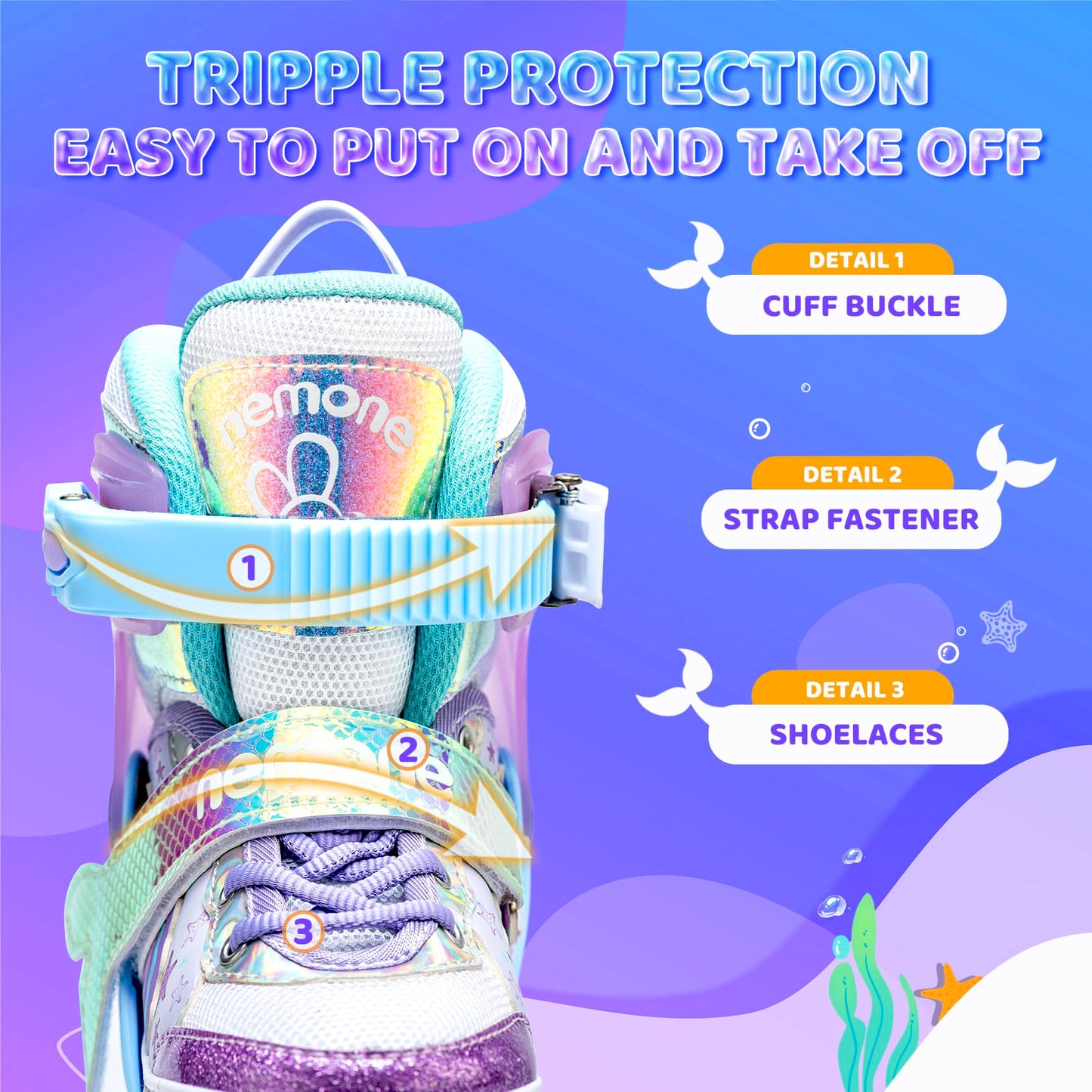 NEMONE Mermaid 4 Size Adjustable Light up Roller Skates for Girls, Blue Purple Skates for Toddlers, Beginner Kids Roller Skates Indoor Outdoor (Blue M)