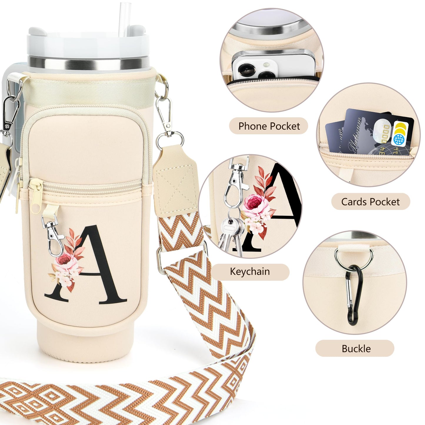 Initial Water Bottle Holder with Strap for Stanley 40 oz Tumbler, Gift for Mother's Day, Women's Day gifts with Phone Pocket, Carabiner, Personalized Accessories for Stanley Cup, Cream - C