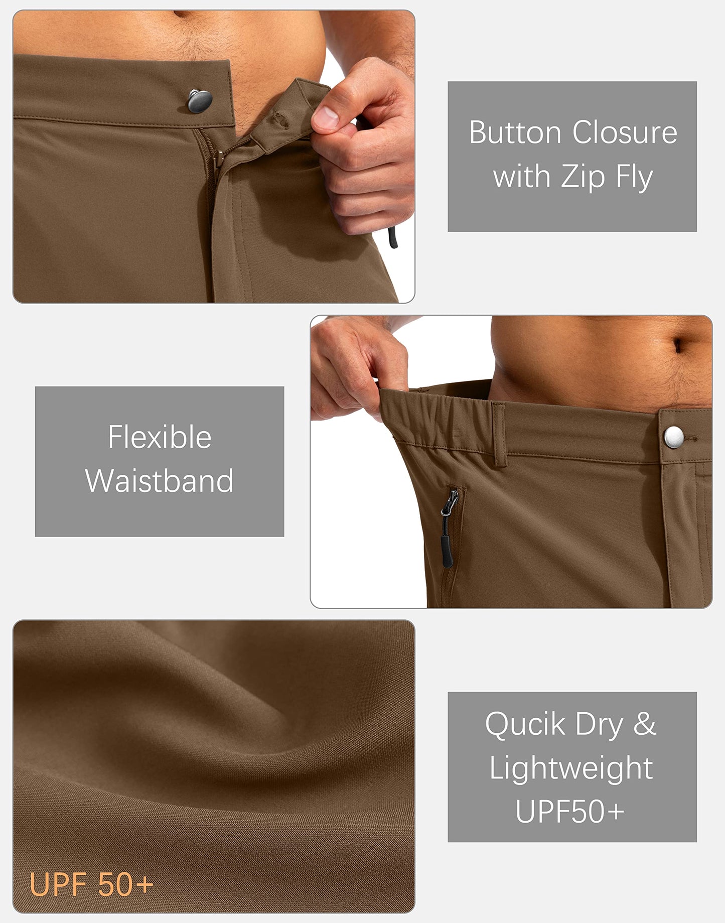 Pudolla Men's Hiking Cargo Shorts 9" Lightweight Outdoor Work Shorts for Men Travel Golf Camping Casual with 5 Zipper Pockets(Brown Large)