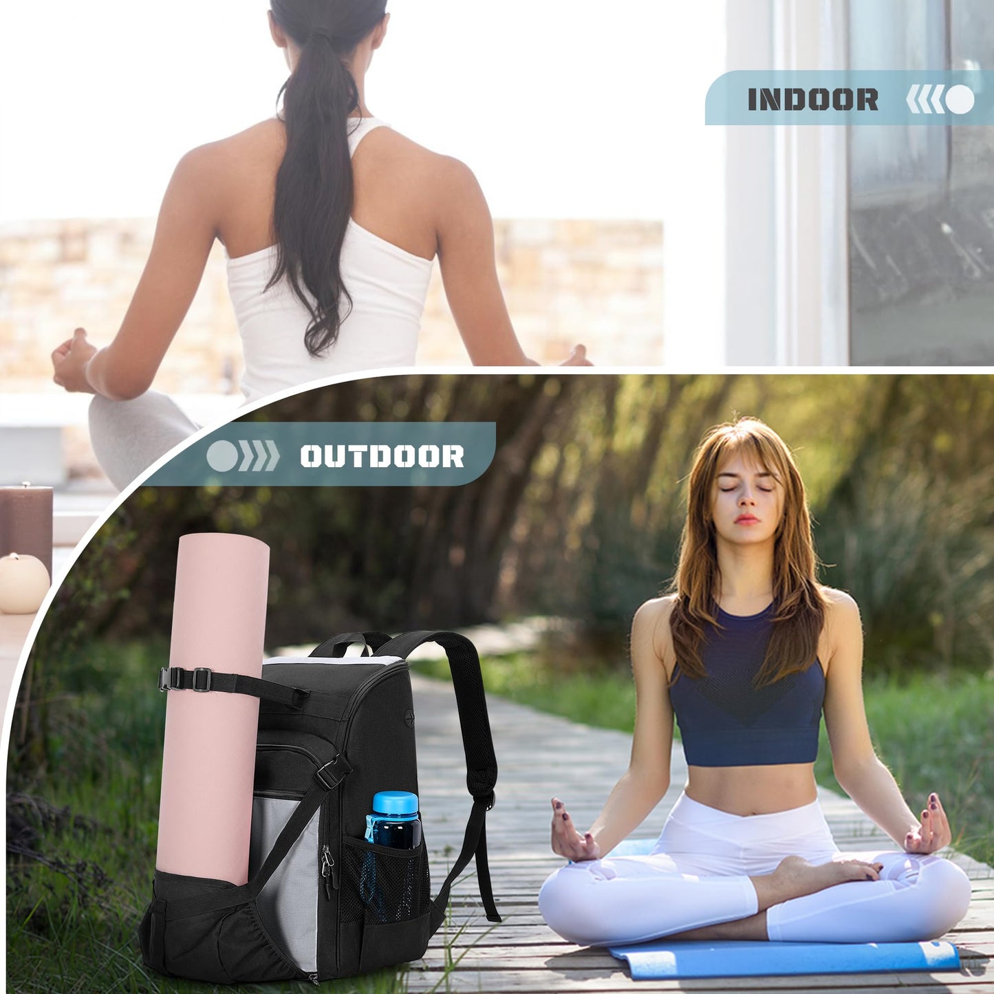 GOBUROS Yoga Mat Bag with Mat Holder for Women and Men Yoga Mat Carrier Backpack with Charging Port and Padded Shoulder Straps for Yoga, Gym, Pilates, Black and Grey