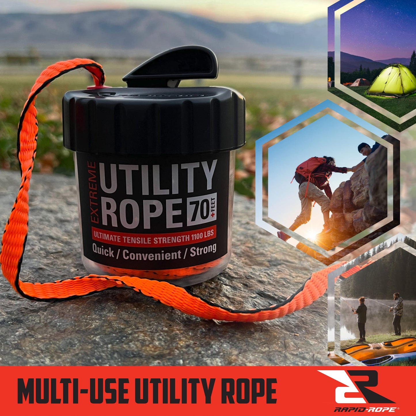 Rapid Rope Canister 70ft White Flat Tactical Paracord, Made in USA, 1100lb Tested Heavy Duty Poly Rope Test Cord, Non-Tangle Dispenser Included - Hiking, Camping, Survival, Utility, Climbing