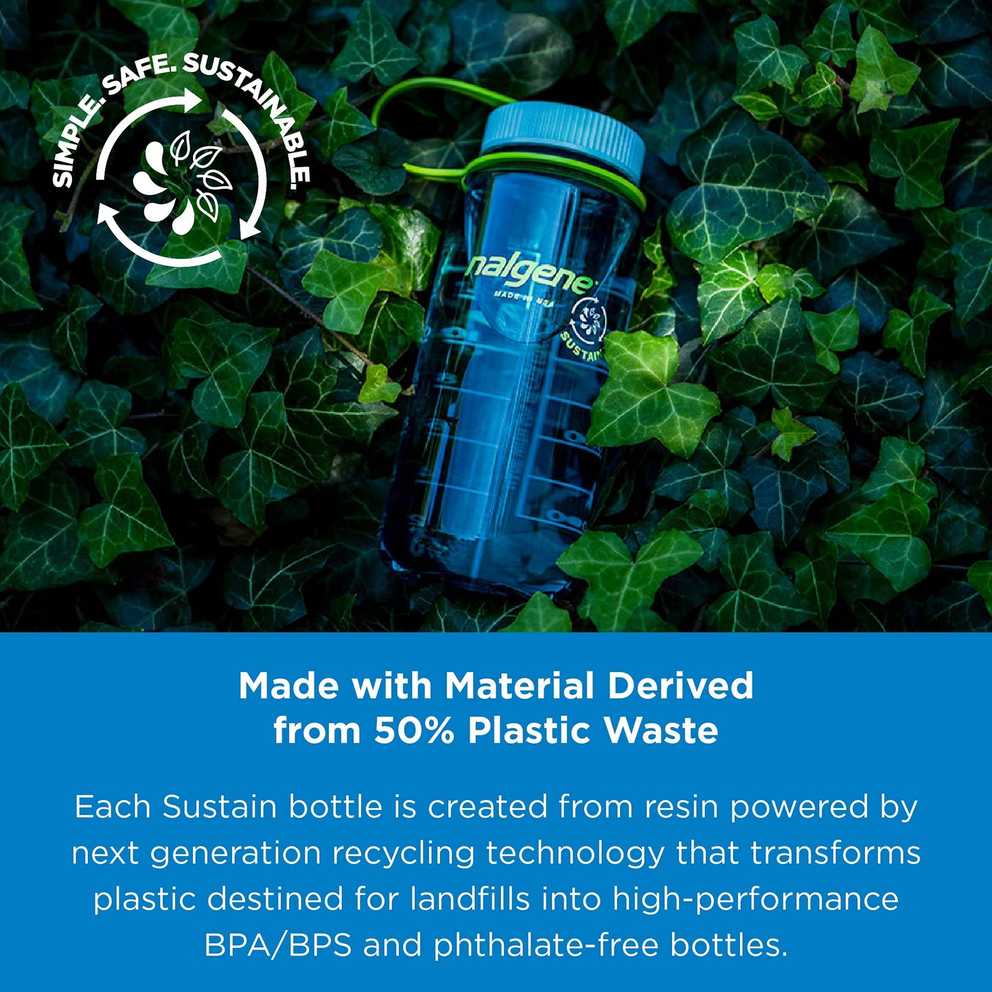 Nalgene Sustain Tritan BPA-Free Water Bottle Made with Material Derived From 50% Plastic Waste, 16 OZ, Wide Mouth, Cerulean Sustain