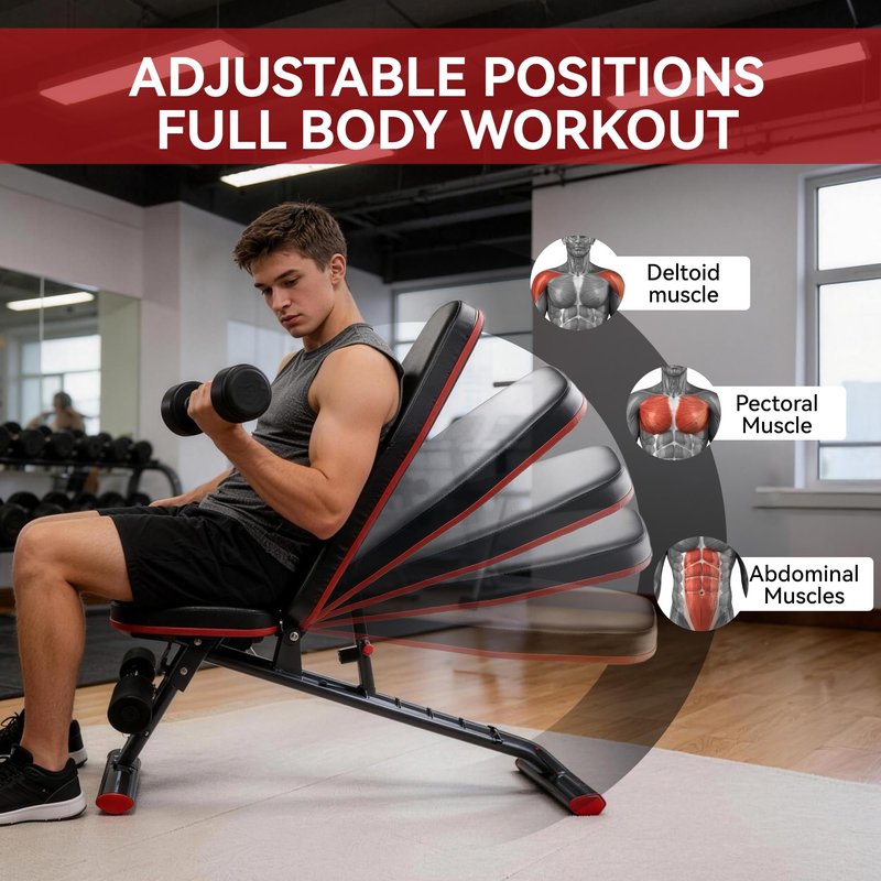 Fitvids Heavy Duty Adjustable and Foldable Utility Weight Bench for Upright, Incline, Decline, and Flat Exercise,Midnight