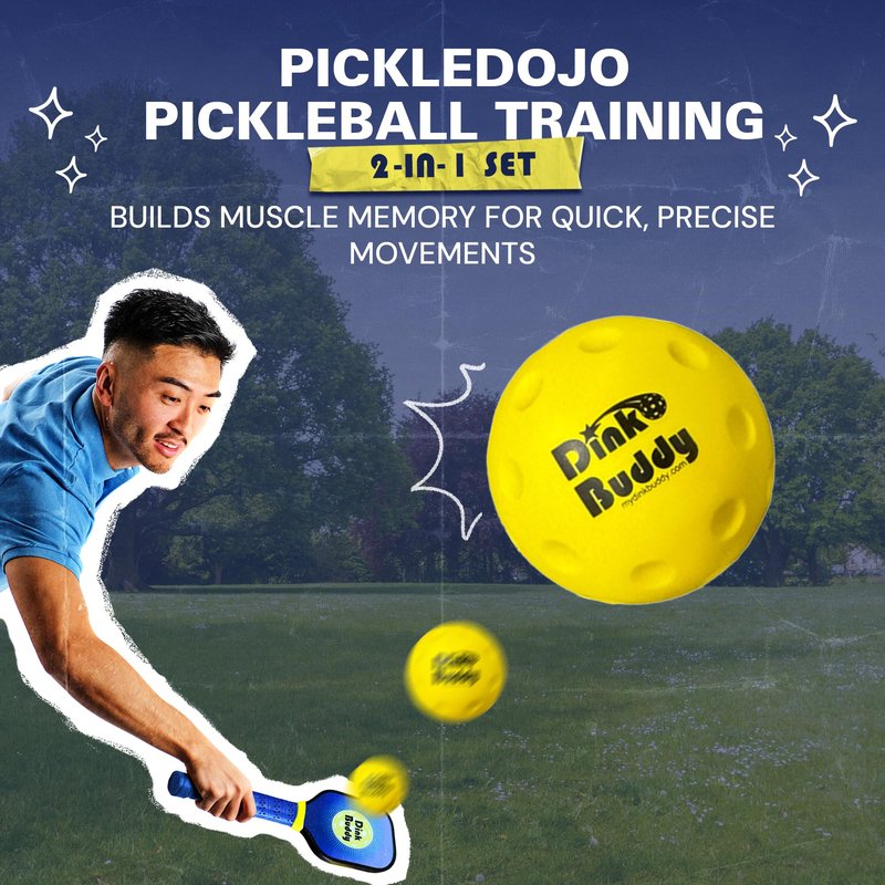 Dink Buddy - 2-in-1 Pickleball Trainer Set, Pickleball Gifts with 4 Kelso Balls (2 Foam Trainer + 2 Rubber Standard Size), 2 PickleDojo Paddles, & 1 Drawstring Backpack