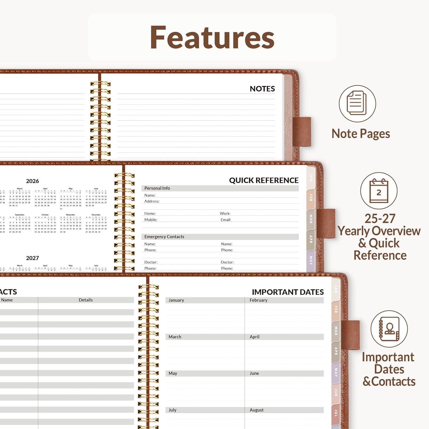 Weekly & Monthly Planner 2026 - Vegan Leather Cover, Pocket, Bookmark | 6.4"x8.5", Brown