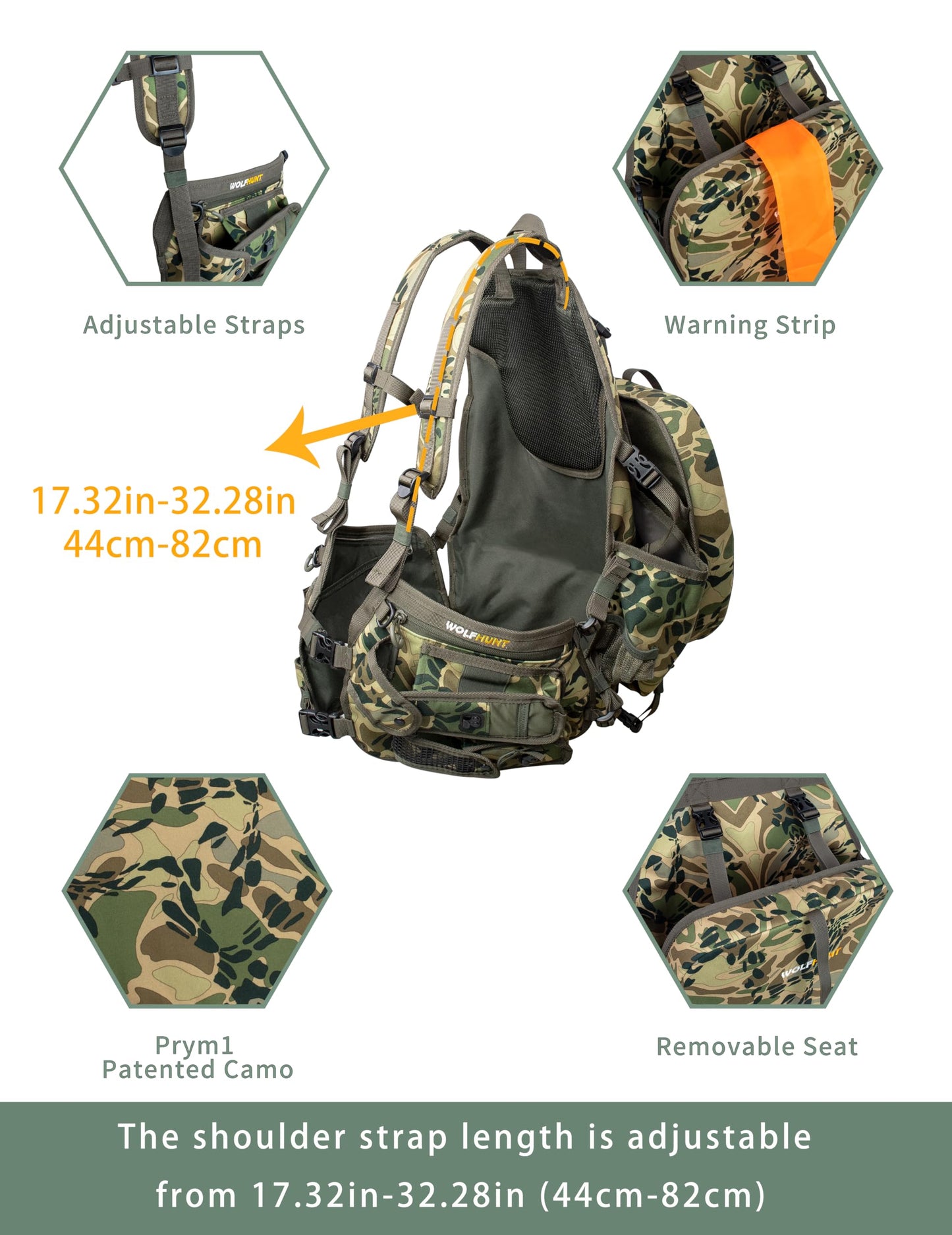 WOLFHUNT Turkey Vest with Seat Magnetic, Hunting Vest for Turkey with Large Game Bag, Extensive Adjustability & Multi-Function Pocket, Os_woods